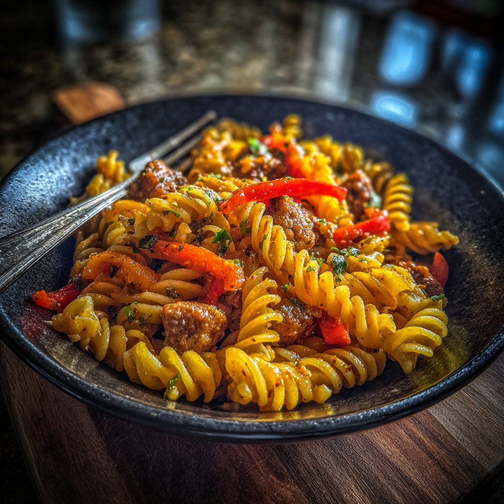 One Pot Cajun Sausage Pasta with Sweet Peppers